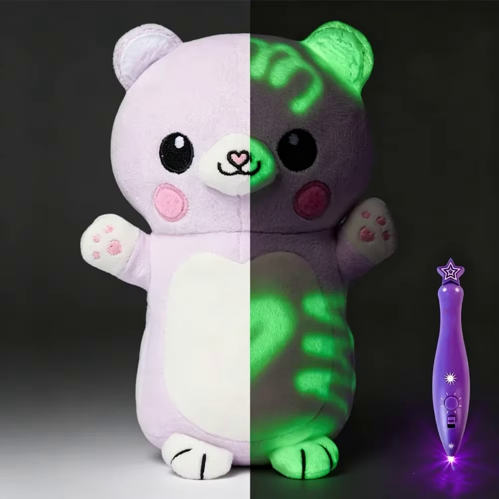 DoodleGlow bear plush before and after glow drawing with light pen