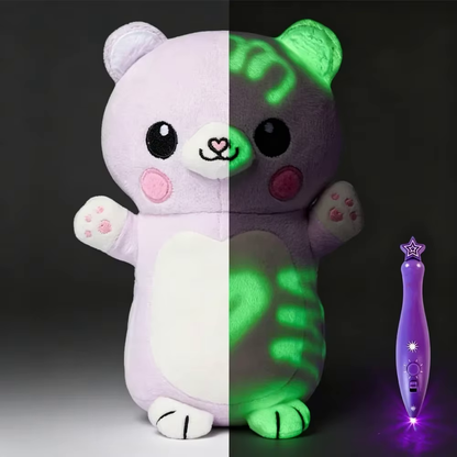 DoodleGlow bear plush before and after glow drawing with light pen