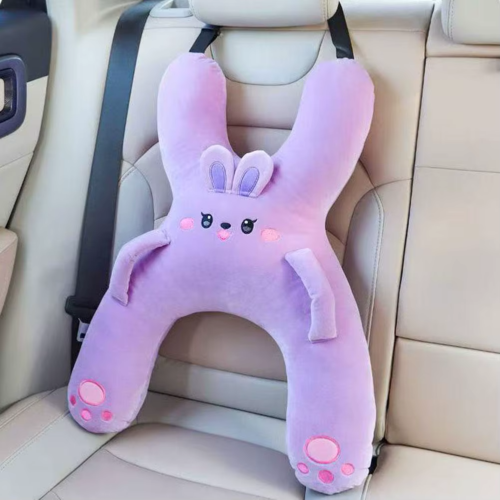 NapBuddy purple bunny clipped to the headrest and seatbelt